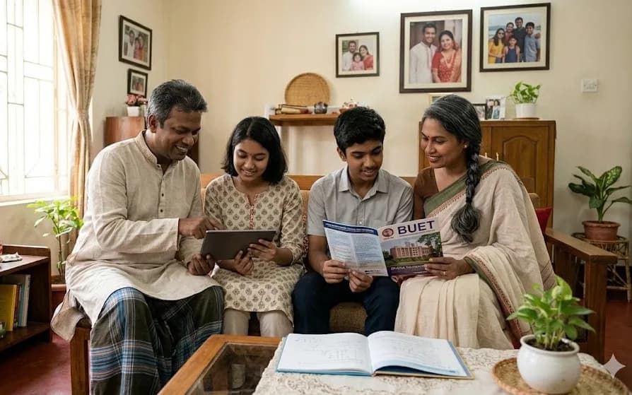 A happy South Asian family at home together, reviewing learning on a tablet and documents—education and growth